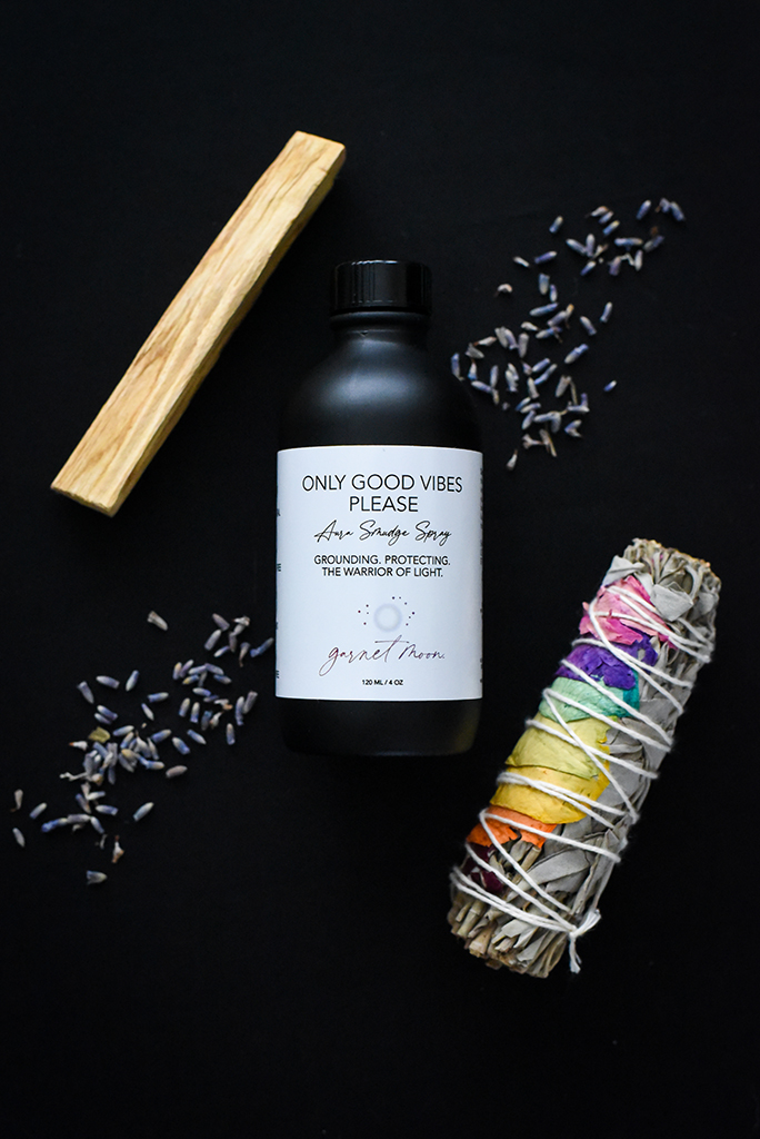Only Good Vibes Please Spray. Garnet Moon. Smudge spray.